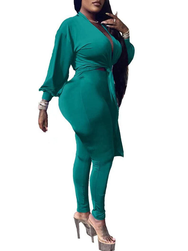 Two Piece Front Tie Crop Top Skinny Pants Tiynon