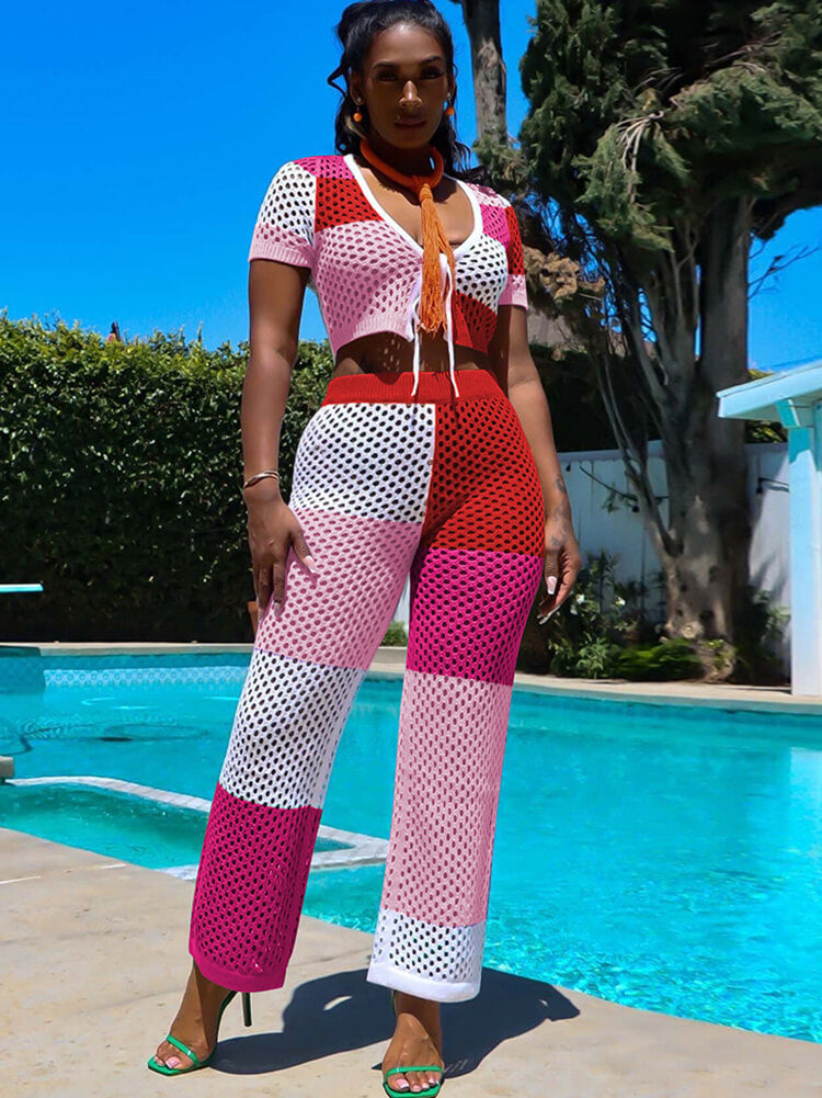 Two Piece Hollow Out Short Sleeve Crop Top & Pants Tiynon