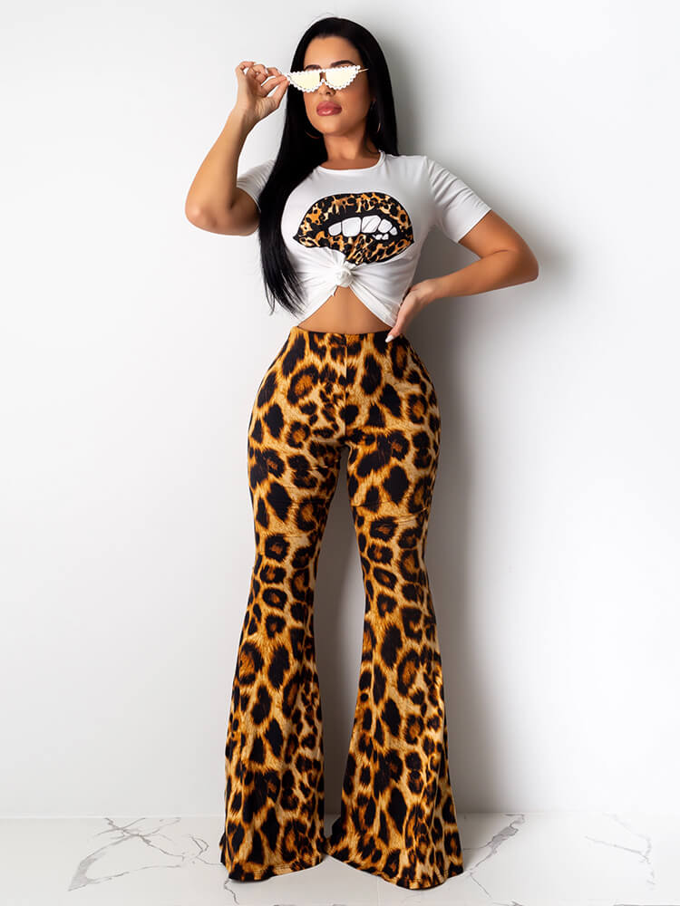 Two Piece Lips Print Tops+Leopard Pant Suits Tiynon