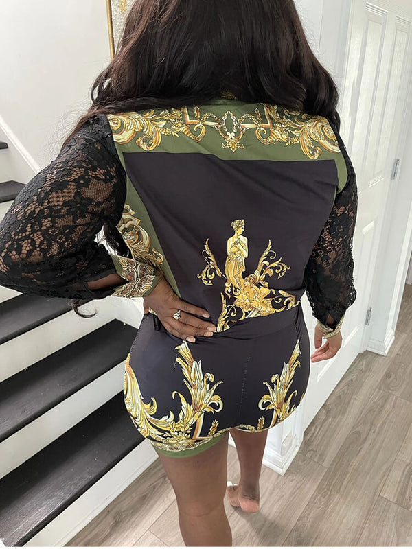 Two Piece Long Sleeve Lace Top & Shorts Tiynon