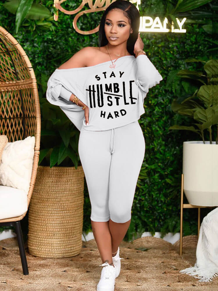 Two Piece Long Sleeve Letter Print Tops & Bodycon Shorts Tiynon