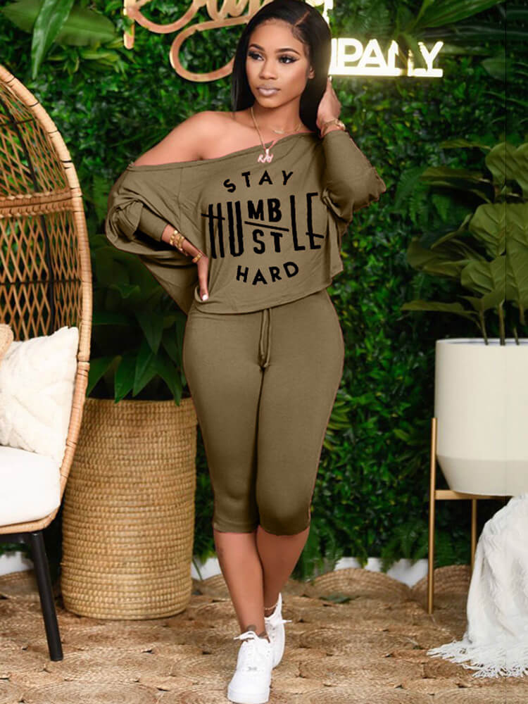 Two Piece Long Sleeve Letter Print Tops & Bodycon Shorts Tiynon