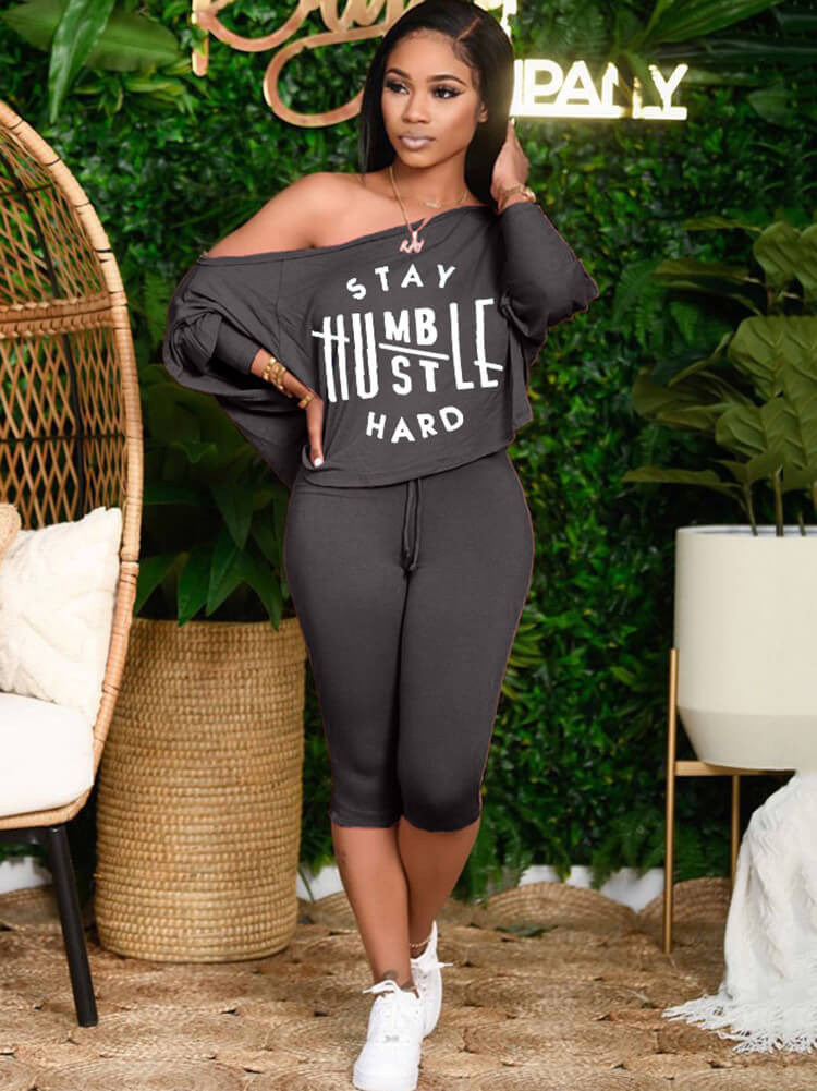 Two Piece Long Sleeve Letter Print Tops & Bodycon Shorts Tiynon