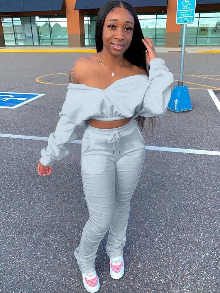 Two Piece Long Sleeve Off Shoulder Tops Ruched Pants Tiynon