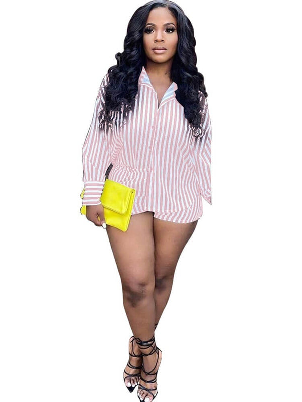 Two Piece Long Sleeve Striped Button Down Shorts Set Tiynon