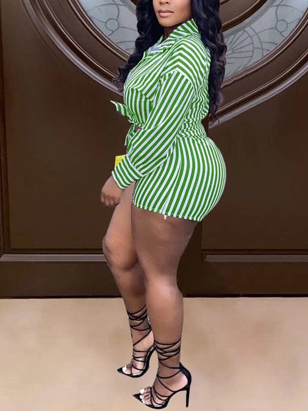 Two Piece Long Sleeve Striped Button Down Shorts Set Tiynon