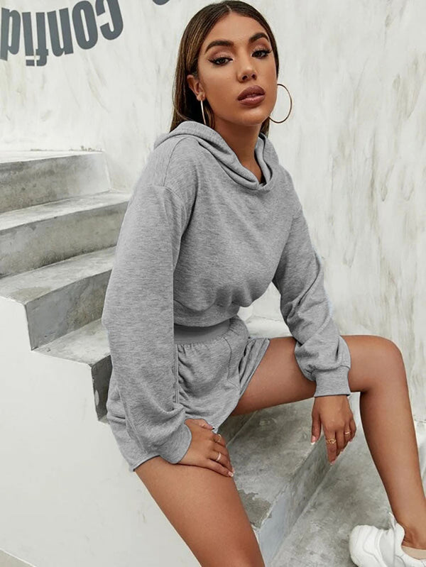 Two Piece Long Sleeves Hoodie Shorts Suits Tiynon