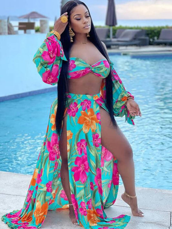 Two Piece Off Shouder Crop Top & High Split Skirt Tiynon