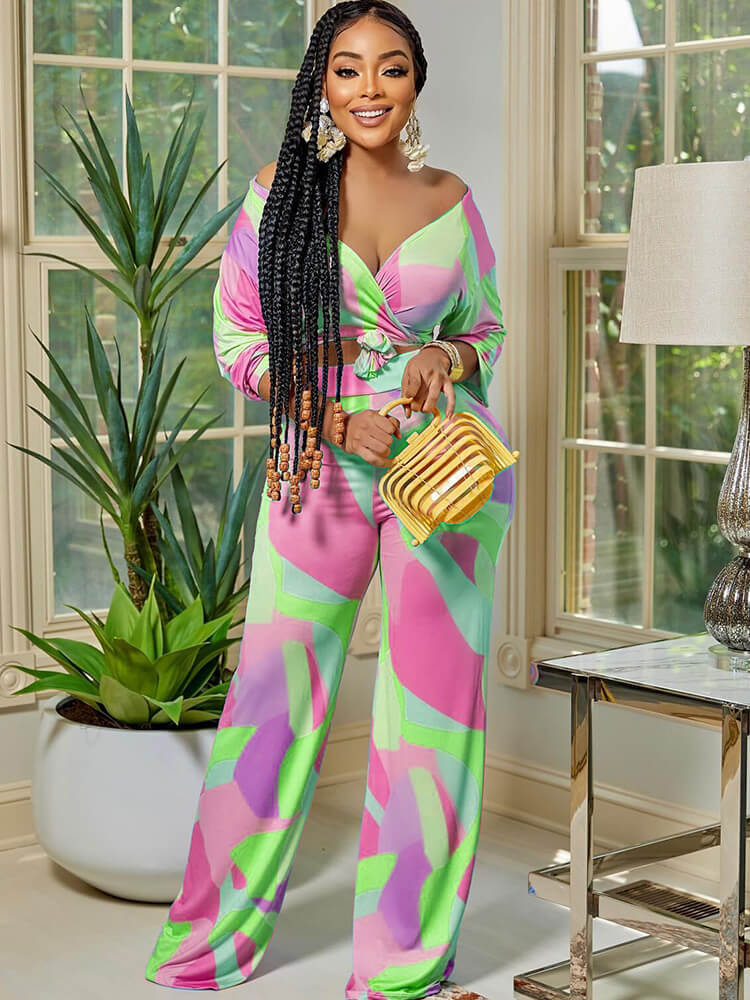 Two Piece Off Shoulder Print Tops & Pants Tiynon