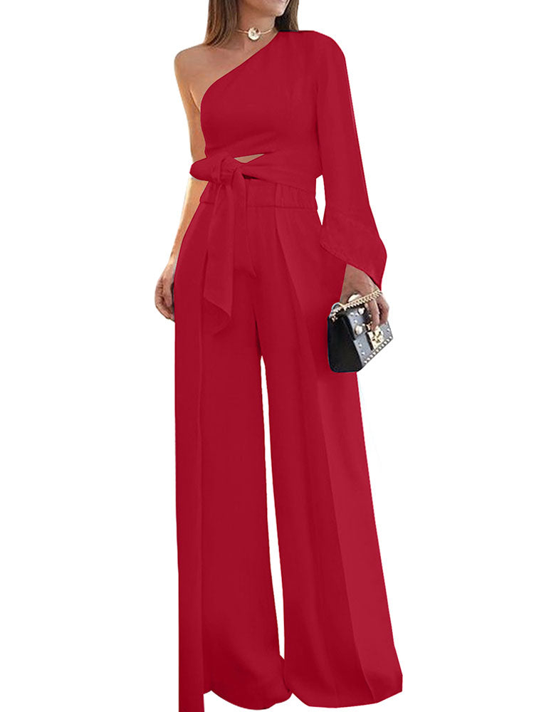 Two Piece One Shoulder Crop Top + Long Pants Tiynon