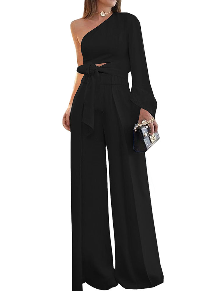 Two Piece One Shoulder Crop Top + Long Pants Tiynon