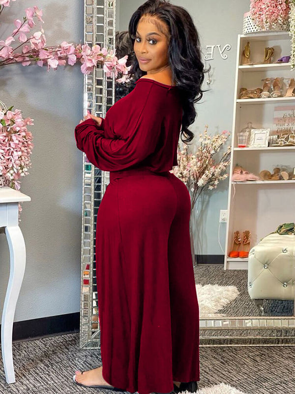 Two Piece One Shoulder Long Sleeve Crop Top Wide Leg Pants Tiynon