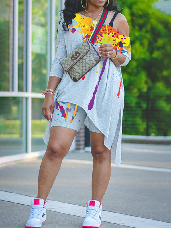 Two Piece One Shoulder T-Shirt Bodycon Shorts Set Tiynon