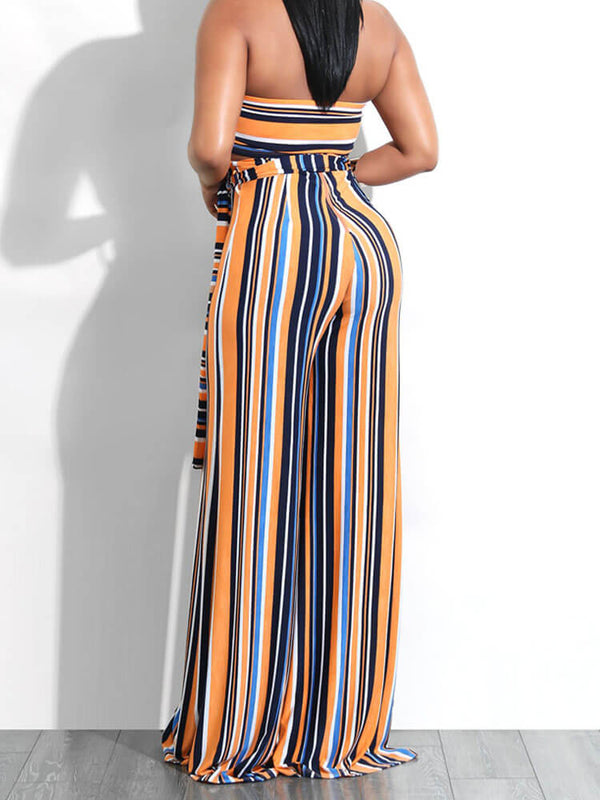 Two Piece Outfits Stripe Bandeau Top+Wide Leg Pants Sets Tiynon