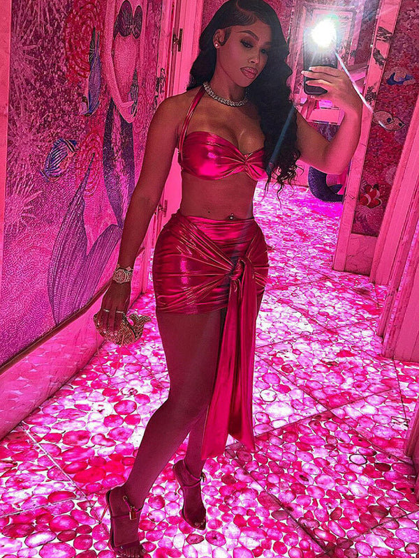 Two Piece PU Sleeveless Crop Top & Ruched Skirts Tiynon