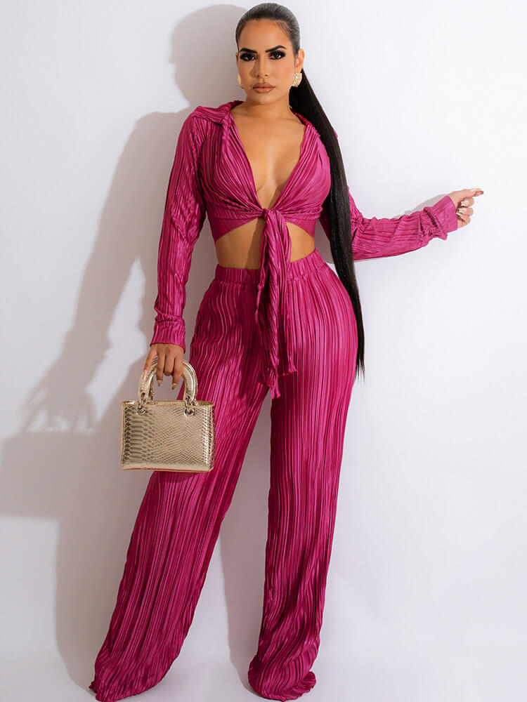 Two Piece Pleated Long Sleeve Crop Tops Pants Set Tiynon