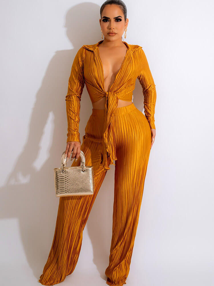 Two Piece Pleated Long Sleeve Crop Tops Pants Set Tiynon