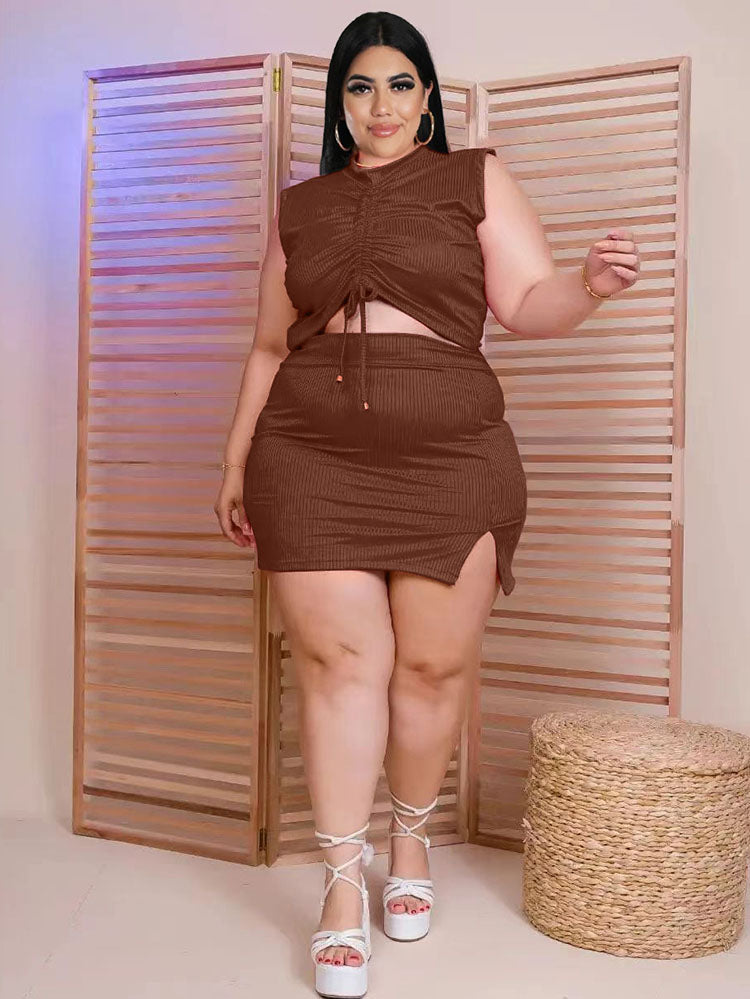 Two Piece Plus Size Ruched Skirt Suits Tiynon