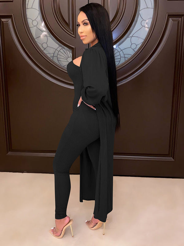 Two Piece Ribbed Knit Jumpsuits Cardigans Sets Tiynon