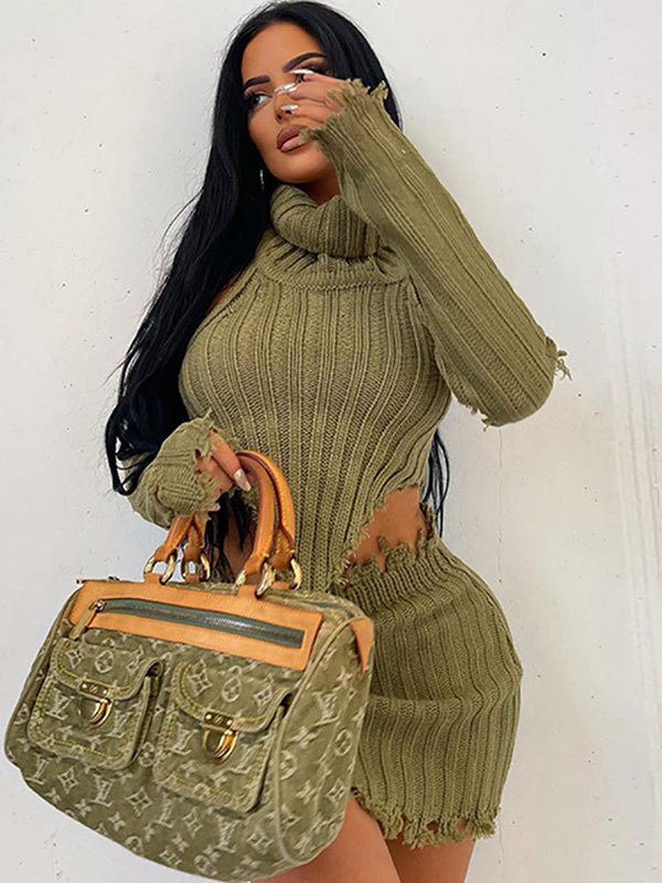 Two Piece Ripped Asymmetrical Sweater Skirt Suits Tiynon