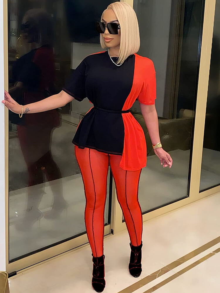 Two Piece Short Sleeve Color Block Tops & Pants Tiynon