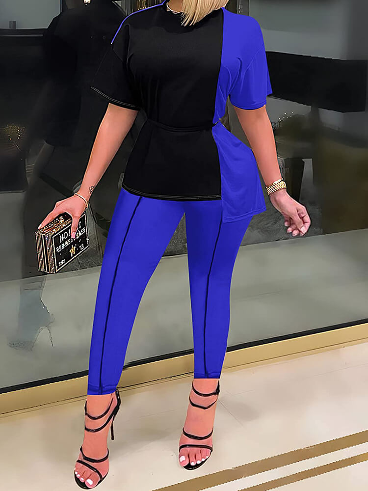Two Piece Short Sleeve Color Block Tops & Pants Tiynon