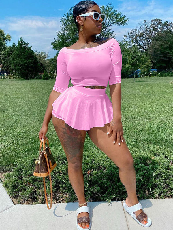 Two Piece Short Sleeve Crop Top & Mini Skirt Tiynon