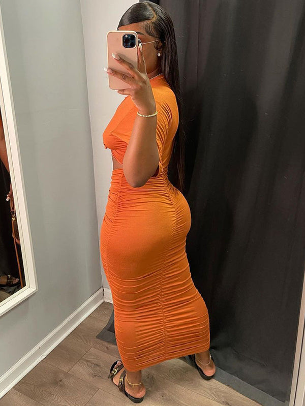 Two Piece Short Sleeve Crop Tops & Ruched Maxi Dress Tiynon