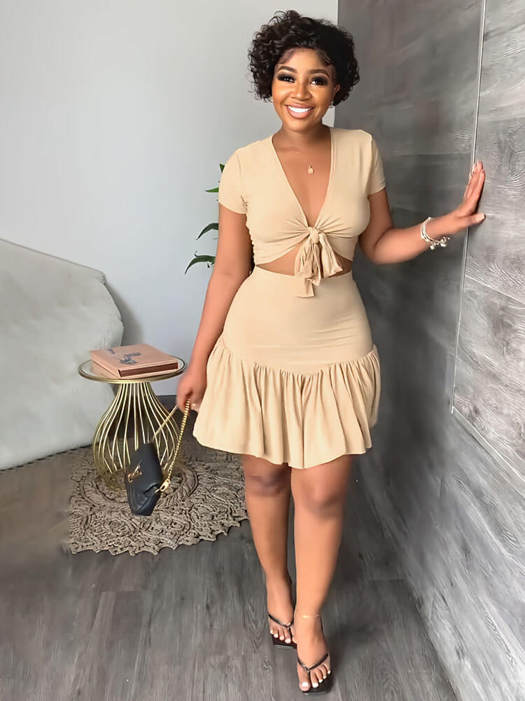 Two Piece Short Sleeve Knot Skirt Suits Tiynon