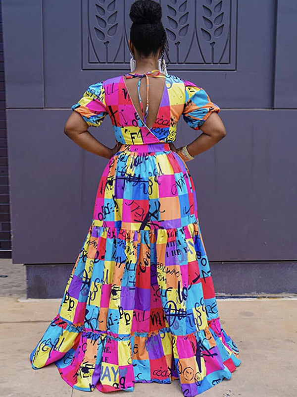 Two Piece Short Sleeve Plaid Crop Top & Maxi Skirt Tiynon