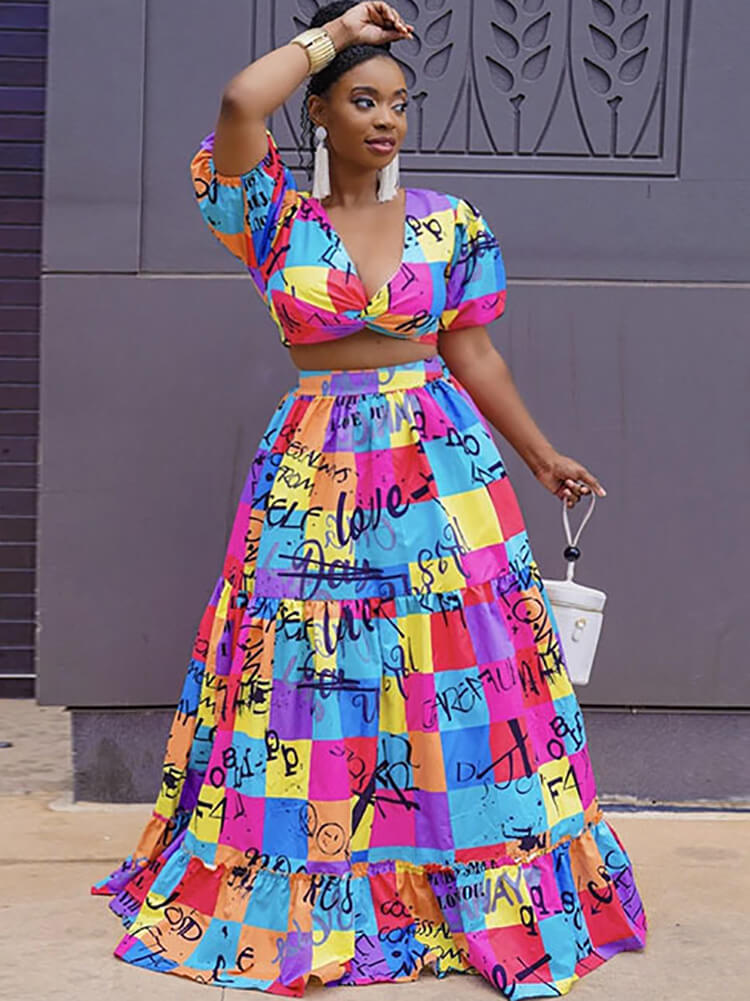 Two Piece Short Sleeve Plaid Crop Top & Maxi Skirt Tiynon