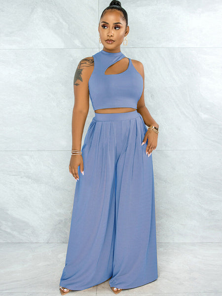 Two Piece Sleeveless Crop Tops & High Waist Palazzo Pants Tiynon