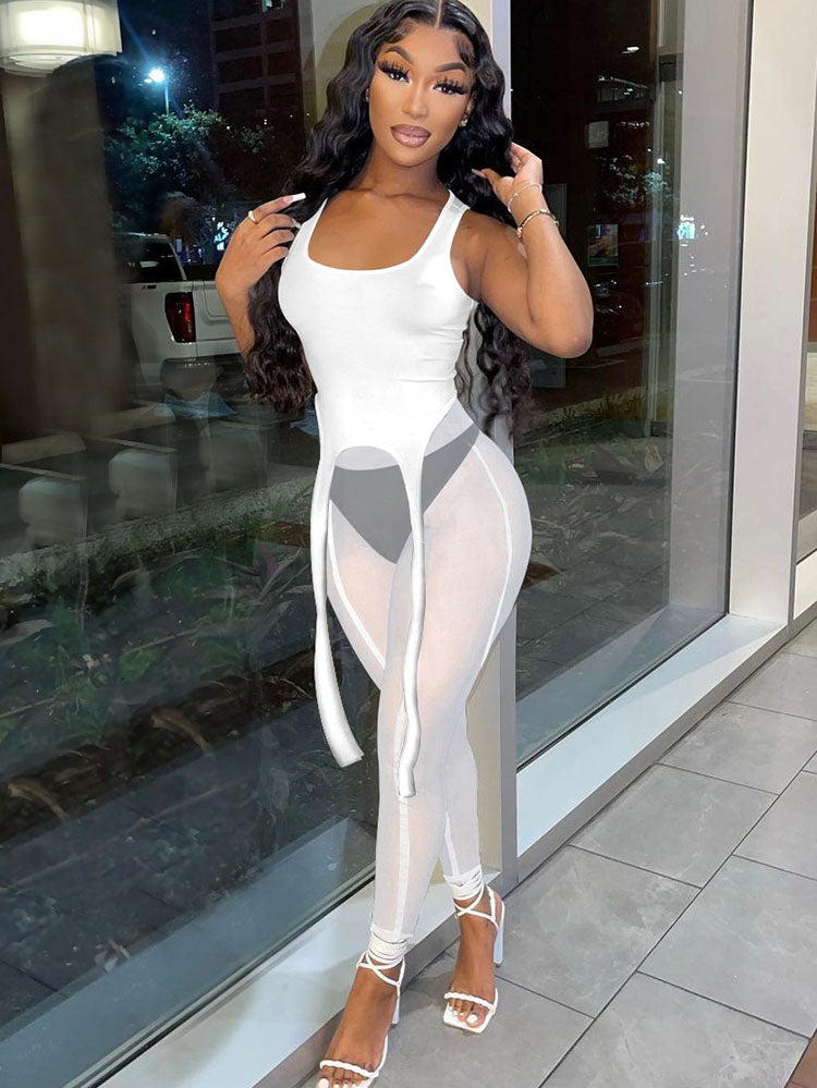 Two Piece Sleeveless Tops & Mesh Long Pants Tiynon