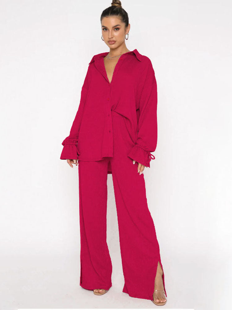 Two Piece Solid Shirt & Split Pants Tiynon