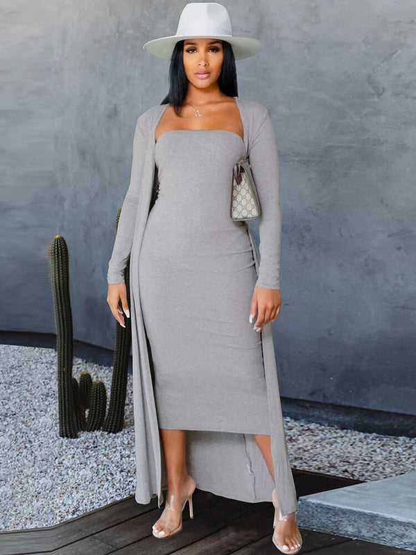 Two Piece Strapless Tube Dresses & Cardigan Tiynon