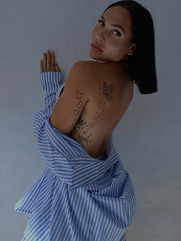 Two Piece Striped Long Sleeve Shirt & High Waist Shorts Tiynon