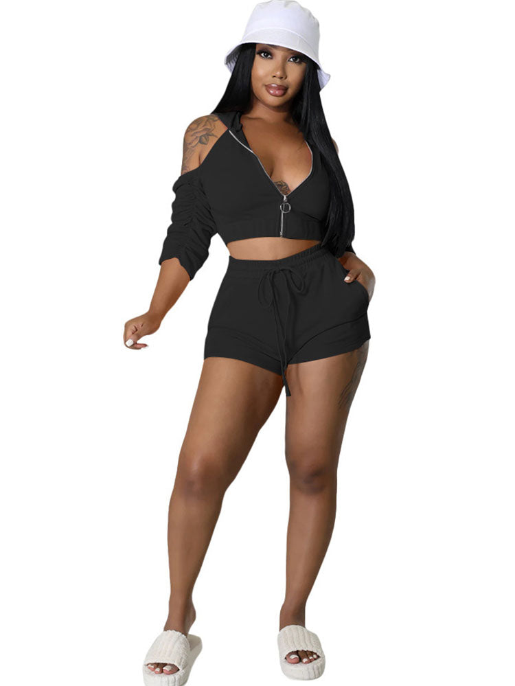 Two Piece Zipper Crop Top & Shorts Tiynon