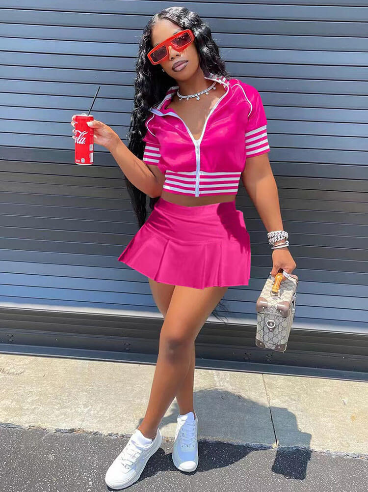 Two Piece Zipper Crop Top Sport Skirt Suits Tiynon