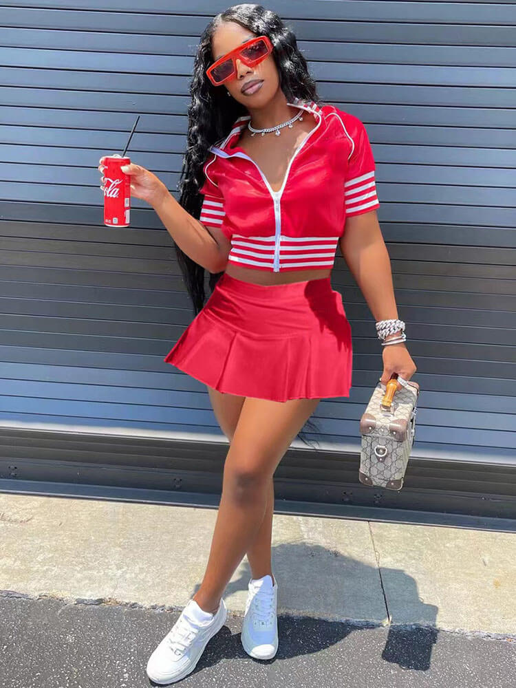 Two Piece Zipper Crop Top Sport Skirt Suits Tiynon