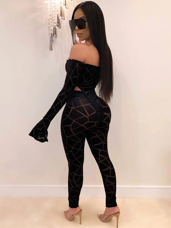 Two Pieces Printed Off Shoulder Jumpsuit + Bodycon Pants Tiynon