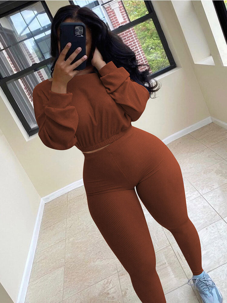 Two Pieces Ribbed Knit Tops + Skinny Pants Tiynon