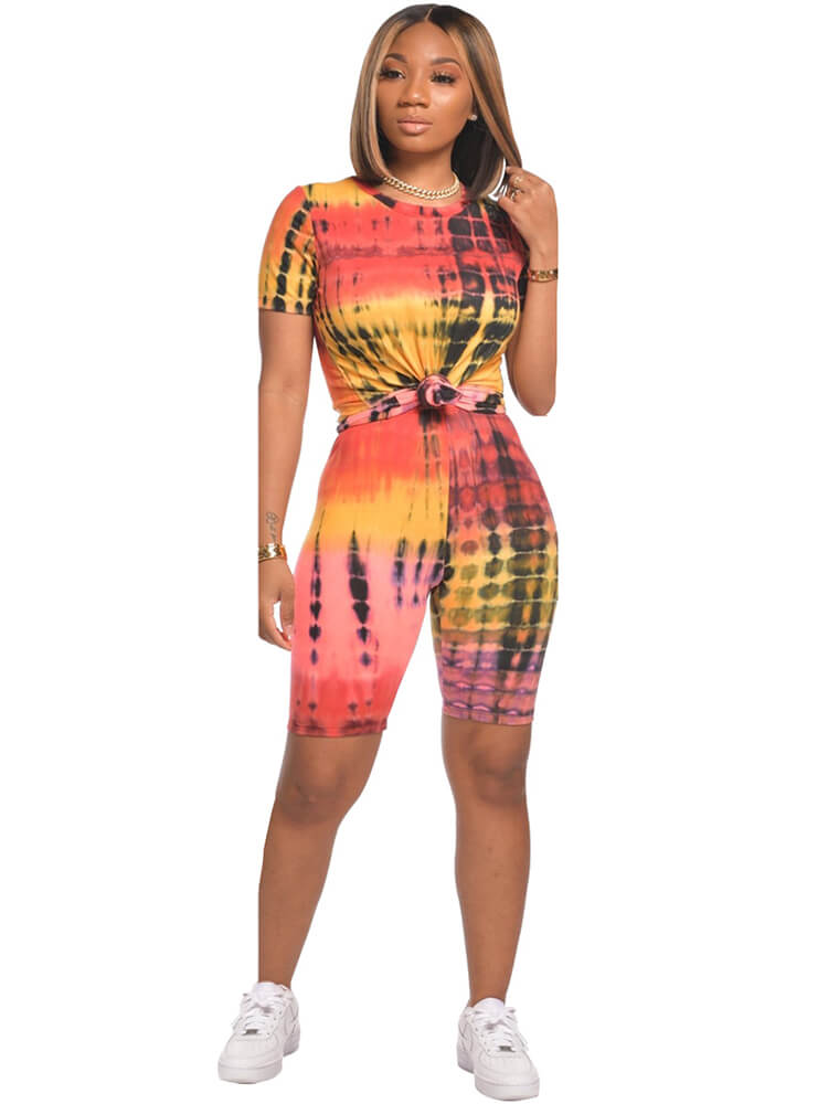 Two Pieces Short Sleeve Tie Dyed Tops+Short Sets Tiynon