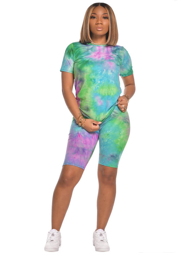 Two Pieces Short Sleeve Tie Dyed Tops+Short Sets Tiynon