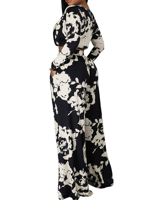 Two Pieve Floral Print Crop Top Wide Leg Pants Tiynon