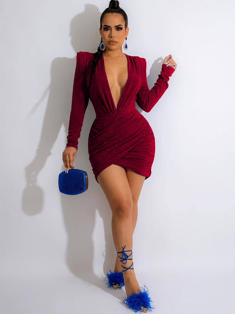 V Neck Long Sleeve Velvet Ruched Mini Dresses Tiynon