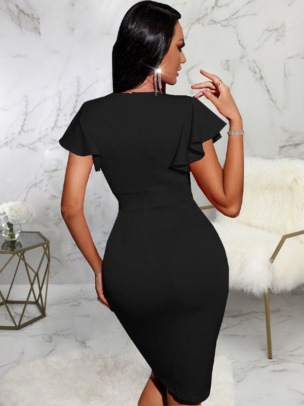 V Neck Ruffle Slit Bodycon Midi Dresses Tiynon