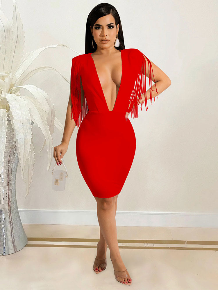 V Neck Sleeveless Tassels Mini Dresses Tiynon