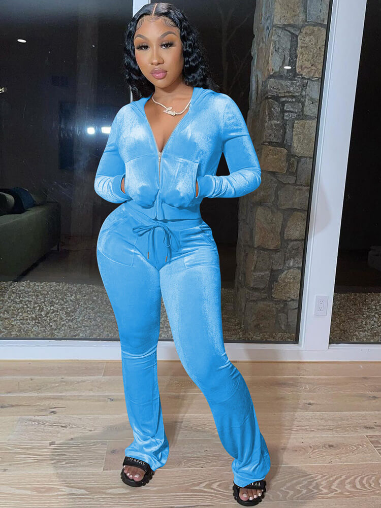 Velour Two Pieces Full Zipper Hooded Tracksuits with Pockets Tiynon