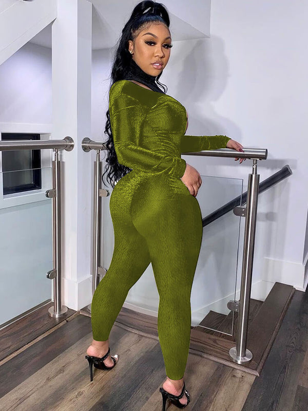 Velvet Cut Out Long Sleeve High Neck Jumpsuit Tiynon