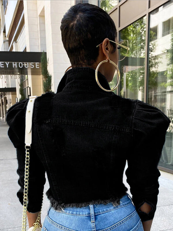 Vintage Button Cropped Destroyed Denim Coats Tiynon